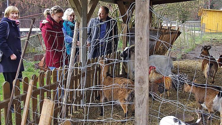Auf dem Hof verschaffte man sich einen Einblick in das Konzept von Elisabeth Thierauf (von links): Praktikumsbetreuerin Tina Neubauer, Praktikantin Johanna Schmitt, Elisabeth Thierauf und Projektleiter Klaus Schaumberg beim kleinen Streichelzoo. Foto: Heike Schülein