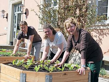 Karin Braun, Kerstin Schmidt und Kreisfachberater Michael Stromer (von rechts) bepflanzen die neuen Hochbeete an der Umweltstation in Weismain.  Foto: red