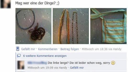 Dieser Screenshot (eine Aufnahme des Bildes auf dem Computermonitor) zeigt, wie ein Angebot in der Gruppe "Share and Care" funktioniert. Gesichter und Namen wurden aus rechtlichen Gründen verpixelt.