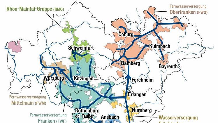 Die fränkischen Fernwasserversorger: Wasser nach Franken liefern auch die Reckenberg-Gruppe (RBG) und die Bayerische Rieswasserversorgung (BRW). Grafik-Quelle: Bayerisches Landesamt für Umwelt