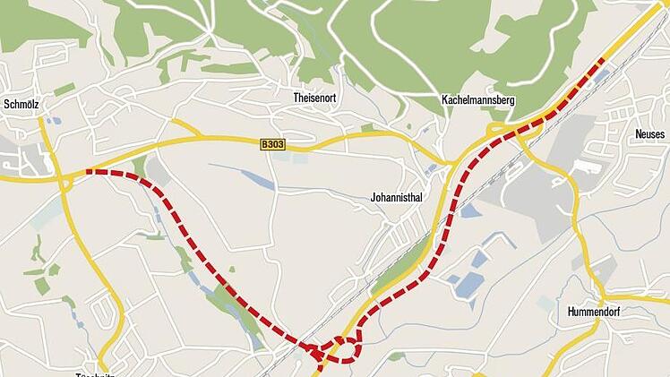 Die Planungsunterlagen zeigen hier die Lerchenhoftrasse bei Küps und die Fortsetzung der B 173 nach einem möglichen Ausbau in Richtung Neuses (gestrichelte Linie). Quelle: Staatliches Bauamt Bamberg/Openstreetmap.org/Grafik: Micho Haller