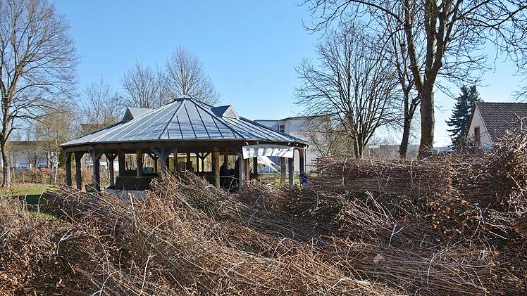 1200 Schwarzdorn-Bündel werden zur Zeit am Gradierpavillon im Kurpark von Bad Königshofen eingesetzt. Foto: Hanns Friedrich