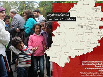 Aktuell hat der Landkreis Kulmbach 281 Flüchtlinge und Asylbewerber aufgenommen. Dabei setzt man darauf, die Menschen dezentral in Wohnungen unterzubringen. Im Bild die syrischen Flüchtlinge bei ihrer Ankunft in Kulmbach. Foto: Stephan Tiroch / Grafik: Michael Beetz / Quelle: Landratsamt Kulmbach