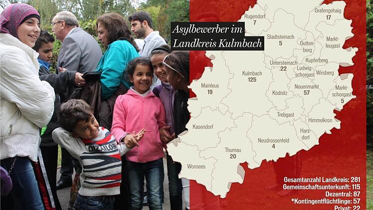 Aktuell hat der Landkreis Kulmbach 281 Flüchtlinge und Asylbewerber aufgenommen. Dabei setzt man darauf, die Menschen dezentral in Wohnungen unterzubringen. Im Bild die syrischen Flüchtlinge bei ihrer Ankunft in Kulmbach. Foto: Stephan Tiroch / Grafik: Michael Beetz / Quelle: Landratsamt Kulmbach