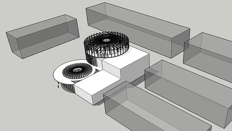 Schematische Darstellung: Globe mit eckiger Rückseite in einem urban geprägten Umfeld. Grafik: Studio Andrew Todd Ltd.