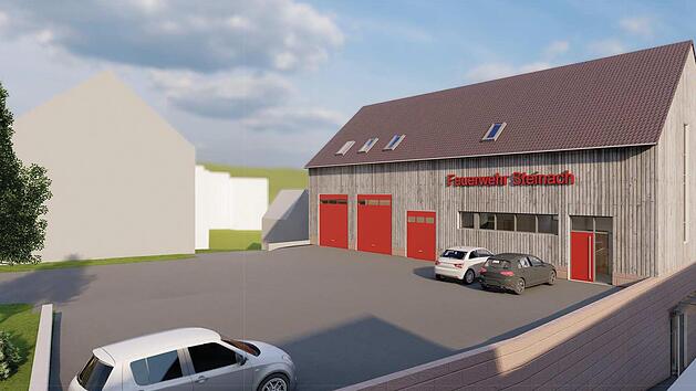 Vorderansicht des geplanten Feuerwehr- und Dorfgemeinschaftshauses in Steinach.