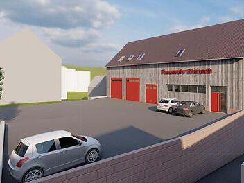 Vorderansicht des geplanten Feuerwehr- und Dorfgemeinschaftshauses in Steinach.