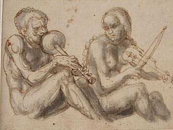 Zu den Exponaten gehört auch die Zeichnung "Musizierendes nacktes Paar".Universitätsbibliothek Friedrich-Alexander-Universität Erlangen-Nürnberg