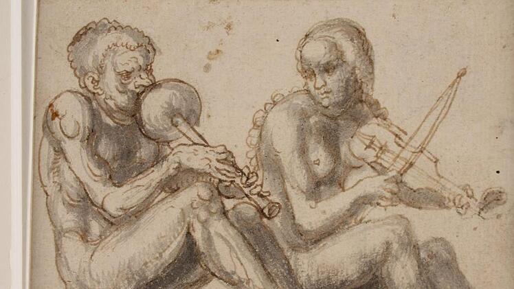 Zu den Exponaten gehört auch die Zeichnung "Musizierendes nacktes Paar".Universitätsbibliothek Friedrich-Alexander-Universität Erlangen-Nürnberg
