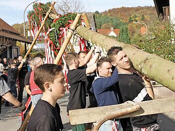 Kräftige helfer hieven den Kirchweihbaum in Rettern in die Höhe. Foto: erl