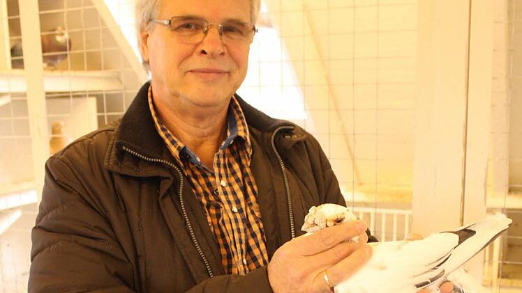 Eberhard Schmidt und ein Nachfahre von Molly, seiner ersten Taube. Foto: Robert Huger