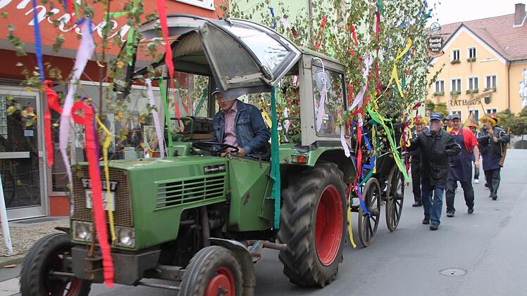 Ein  Traktor  zieht die Kutsche und führt  den Schürzenjäger-Umzug  an.