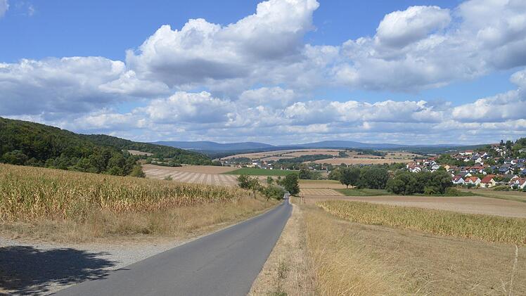 Blick auf das Riedbachtal in Nüdlingen. Im Hintergrund (links) ist die Serpentine der B 287 am ehemaligen Waldschlösschen zu sehen. Foto: Artur Stollberger