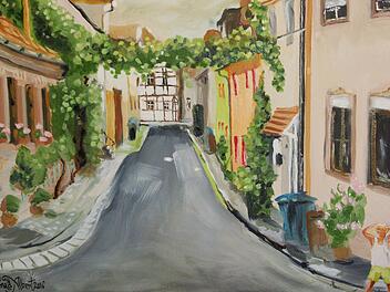 Der Winzergasse, die er vor Ort malte, gab der Künstler einen Hauch impressionistisch-verträumter Nostalgie.