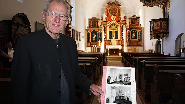 Unter Leitung von Kunstreferent Domkapitular Dr. Jürgen Lenssen wurde die Wallfahrtskirche am Volkersberg grundlegend saniert und neu gestaltet. Die ursprünglichen barocke Farbgebung der Altäre wurde herausgearbeitet und die Seitenaltäre gedreht, so dass sie der ursprüngliche Dreiklang der Altäre wieder zur Geltung kommen kann. Nach anderthalbjähriger Bauzeit wurde der Abschluss der Generalsanierung mit der Altarweihe am ersten Oktoberwochenende festliche begannen. Foto: Marion Eckert