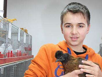 Nils Becker ist Jugend-Kreismeister. Er züchtet die wildfarbigen Zwerg-Seidenhühner erst seit kurzem und freute sich riesig über die Auszeichnung. Foto: Sonja Adam