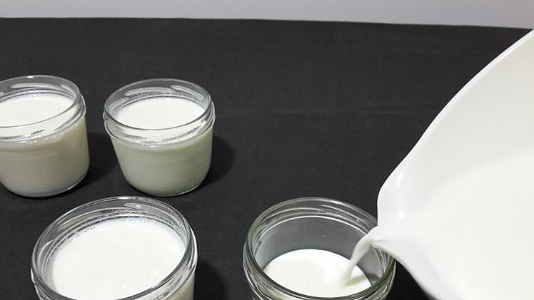 Die Milch-Joghurt-Masse gleichmäßig in die Gläser verteilen. Foto: Aelf Coburg