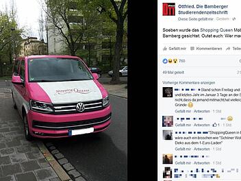 Ein Screenshot der Facebookseite von "Ottfried. Die Bamberger Studierendenzeitschrift", die den Shopping-Queen-Kleinbus in Bamberg zeigt.