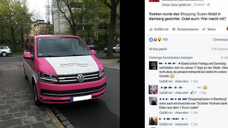 Ein Screenshot der Facebookseite von "Ottfried. Die Bamberger Studierendenzeitschrift", die den Shopping-Queen-Kleinbus in Bamberg zeigt.