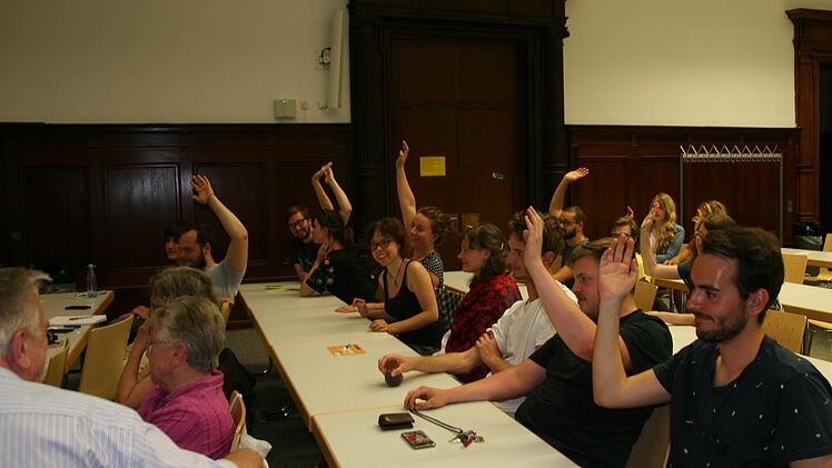 Da hoben die studentischen Besucher einer Podiumsdiskussion des "Aktionsbündnisses bezahlbarer Wohnraum in Bamberg" die Arme. Gefragt  war, wer pessimistisch sei, dass es mit der Wohnungssituation in Bamberg  besser wird. Foto: Werner Baier