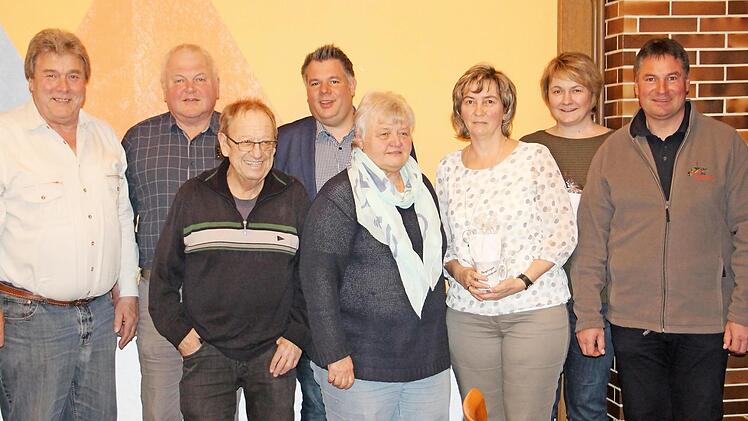 Der neue stellvertretende Vorsitzende Bernd Krauß (re.) bedankte sich bei seinem Vorgänger Günther Werner (li.) und bei den Geehrten Siegfried Gößl, Eberhard Rothlauf, Christian Bauer, Sigrid Kalb, Heike Krauß und Silke Barnikel (2. bis 7. v. li.). Foto: Alfred Thieret