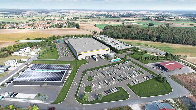 Die Visualisierung des Bauträgers zeigt das geplante Amazon-Gebäude im Gewerbegebiet Limbach. Das Gebäude vorne links mit dem blauen Streifen auf dem Dach existiert bereits. Es gehört nicht zu Amazon, sondern darin ist die Firma Hofmann zuhause. Visualisierung: P3 Logistic Parks
