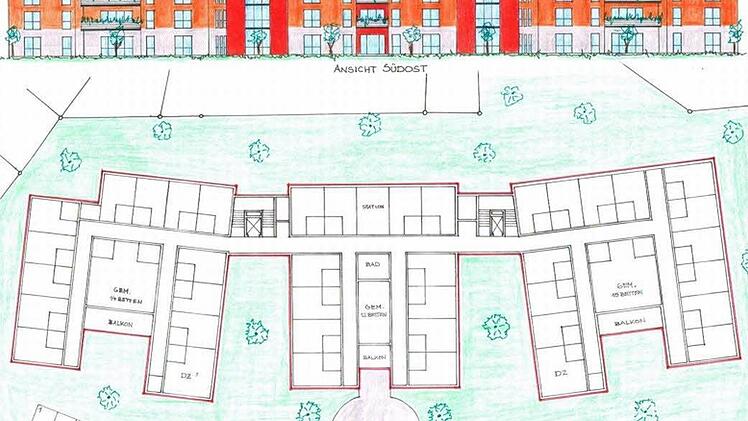Ungefähr so sollen die Front und der Grundriss des Gebäudes aussehen. Die Details sind noch in Planung.Foto: Entwurf/ Planungsbüro Klaus Plumenbaum