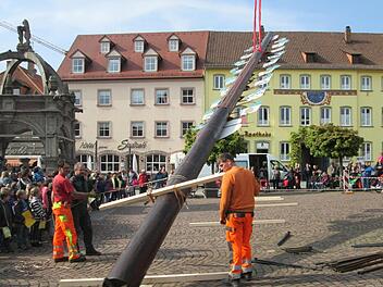 Anstelle eines Maibaums errichten die Stadt Hammelburg, der VWS und der Tourismusverein einen Zunftbaum, der die Wappen der Berufe in der Saalestadt trägt. Die Stadtkapelle, die Kinder der Grundschule am Mönchsturm und die Volkstanzgruppe aus Völkersleier umrahmten den alten, gut besuchten Brauch.  Foto: Winfried Ehling