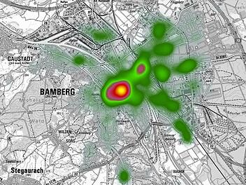 Oberfrankens Polizeipräsident Alfons Schieder hat am Montag die Analyse der  Kriminalitätsbelastung in Bamberg vorgestellt. In dieser Heatmap wird deutlich:   Noch  2014 sind  die Schwerpunkte Altstadt, Sandgebiet und der Bereich um den Hauptbahnhof  erkennbar (gelb/rot).  Darstellung: Polizei Oberfranken