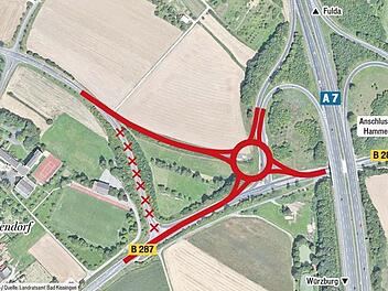 Seit drei Jahren steht der Plan für den Langendorfer Kreisel, in den die westliche Autobahn-Abfahrt, die B 287 und die KG 37 münden. Die archäologischen Ausgrabungen sind abgeschlossen, ein Termin für den Baubeginn steht aber noch aus.  Grafik: Dagmar Klumb/Daten: Landratsamt Bad Kissingen
