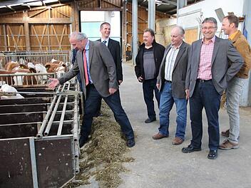 Der Präsident des Thüringer Bauernverbandes, Helmut Gumpert (links), schaut sich zusammen mit den Vertretern der verschiedenen Verbände Hof und Ställe von Harald Reblitz (Zweiter von links) an. Foto: Michael Stelzner