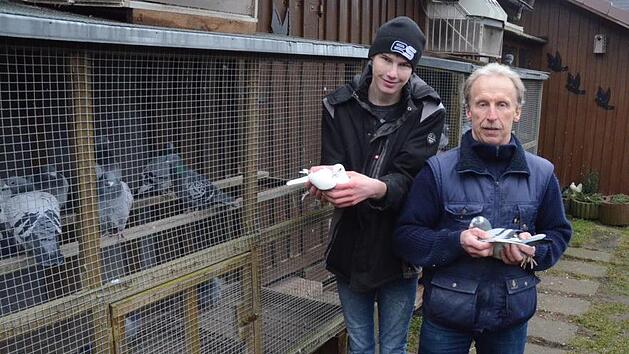 Ein Blick in seinen Taubenschlag in Pressig im Frankenwald macht deutlich, welche Tierliebe Georg Bayer (rechts) und Sohn Florian für ihre 60 gefiederten Freunde aufbringen. K.- H. Hofmann