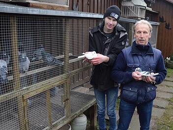 Ein Blick in seinen Taubenschlag in Pressig im Frankenwald macht deutlich, welche Tierliebe Georg Bayer (rechts) und Sohn Florian für ihre 60 gefiederten Freunde aufbringen. K.- H. Hofmann
