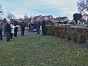 An dieser Hecke im Friedhof Fischbach sollen Urnengräber entstehen, wie Stadträtin Brunhilde Giegold (Vierte von links) erläuterte. Bürgermeister Jürgen Hennemann (Fünfter von links) und die Mitglieder des Bauausschusses hörten die Vorschläge. Helmut Will