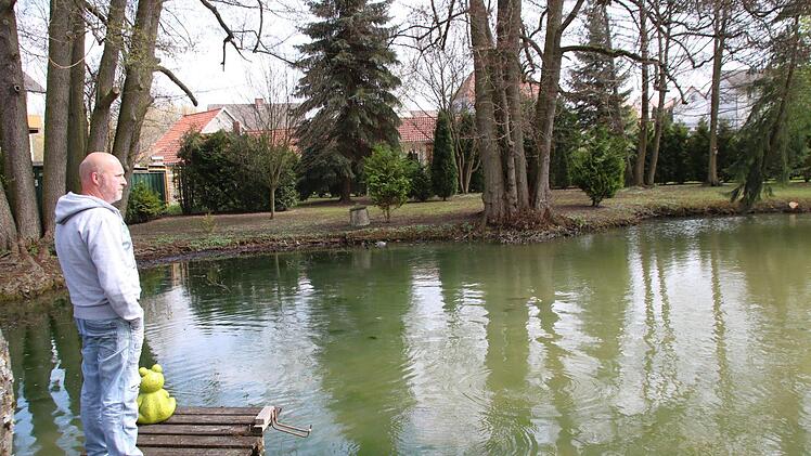 Joachim Buckel aus Münnerstadt steht auf dem Steg seines von Grundwasser gespeisten Sees und zeigt besorgt aufs gegenüberliegende Ufer. Die Wurzeln der dort wachsenden Erle ragen wie Mangroven bei Niedrigwasser aus dem See heraus. Um rund 40 Zentimeter hat sich der Pegel seines Teichs mittlerweile gesenkt. Foto: Heike Beudert