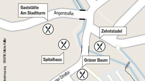 Hier liegen die vier Gaststätten Grafik: Micho Haller
