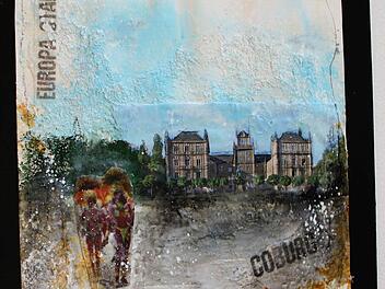 Impressionen von der ersten Auflage der Kunstmesse "Umschlagplatz Coburg" (Abbildung: Atelier Sabine Mannheims: aus der Serie Coburg, Mischtechnik auf Büttenpapier)Foto: Jochen Berger