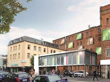 So konnten sich die am Integrierten Stadtentwicklungskonzept (ISEK) für Kulmbach beteiligten Architekten Stephan Häublein und Johannes Müller (Büro H2M) aus Kulmbach sowie Franz Ullrich (plan & werk) aus Bamberg das sanierte Gebäude der alten Mälzerei Müller (vormals Petzbräu) vorstellen.  Visualisierung: ISEK Stadt Kulmbach