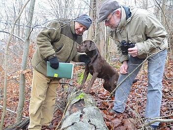Albert Schrenker (links mit Hündin Ella) und Frank Reißenweber begutachten einen Totholzstamm im Taimbacher Forst. Foto: Rainer Lutz