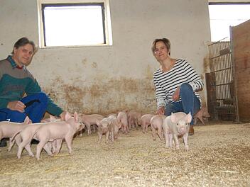 Georg Kaufmann und seine Schwester Petra Schaub betreiben eine &ouml;kologische Ferkelzucht.  Fotos: Wolfgang D&uuml;nnebier