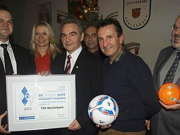 Georg Stöth (Mitte) überreichte vom Bayerischen Fußballverband die Silberne Raute an (v. l.) Vorsitzenden Sven Schüller, und seine Stellvertreter Alexandra Borst und Martin Hundshammer sowie an Reiner Borst. 2. Bürgermeister Franz Kuhn (r.) erhielt den "Vitaminball" .  Foto: Stefan Geiger