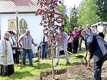 Pater Godfryd Mizerski, Initiator Gustav Tempel, Landtagsabgeordneter Martin Schöffel und Bürgermeister Siegfried Beyer (von links) pflanzten einen Ahornbaum neben der Kapelle.  Foto: Klaus-Peter Wulf