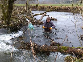 Nicht ungefährlich, was Wolfram Hoppe hier macht: Teils bis zur Brust im Wasser watend, holt er Plastikabfälle aus der Sinn. Foto: Karlheinz Franz