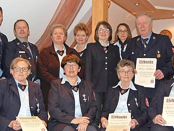 Die Geehrten, von rechts, Konrad Schramm (60 Jahre), Rosamunde Berthold, Roswitha Berthold, Brigitte Keilholz, Rosemarie Schütz, und Herbert Hollfelder (40 Jahre), Gabriele Hemmer, Jutta Linz und Martha Herrmann (35 Jahre), Bettina Schöring und Kommandant Stefan Pfister (30 Jahre) und Vorsitzende Mathilde Spörlein (25 Jahre) sowie Zweiter Kommandant Ch. Keilholz und Zweiter Vorsitzender T. Linz Foto: p