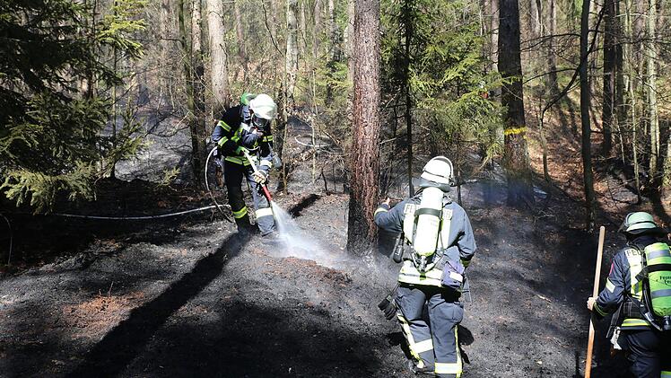 Bei einem Feuer im Kreis Nürnberger Land (Mittelfranken) gerieten am Freitag rund tausend Quadratmeter Wald in Brand. Die Feuerwehr rückte mit einem Großaufgebot an und löschte die Flammen. Foto: NEWS5 / Fechner