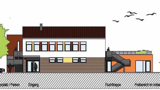 So soll das Gebäude einmal aussehen, rechts in Orange der geplante Anbau. Grafik: Sascha Seuß