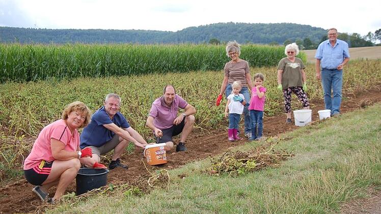 Nicht nur viele Burgläurer und Bürger aus umliegenden Gemeinden, sondern auch die beiden Bürgermeister aus Burglauer und Niederlauer, Marco Heinickel und Holger Schmitt, nutzen das Angebot von der Burgläurer Landwirtsfamilie Back, ihre Kartoffeln auf einem Acker selbst zu lesen. Im Bild unter anderem Doris Beck, Marco Heinickel, Holger Schmitt und ganz rechts Landwirt Albert Back.  Foto: Manfred Mellenthin