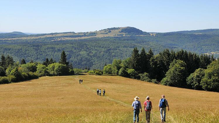 Die drei Autoren (Dr. R. Cornelius, Gunhild Classen, Prof. Albrecht Classen aus den USA ) sind hier  am Farnsberg , im Hintergund der Auersberg des Truppenübungsplatzes Wildflecken unterwegs. Foto: Veronica Cornelius