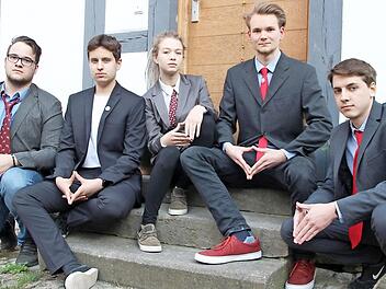 Mit Merkel-Raute präsentieren sich Gründungsmitglieder des "Die Partei"-Ortsverbandes Münnerstadt. "Damit was bleibt, wenn die Kanzlerin geht", sagen (von links) Yannik Krug, Yannis Wüst, Sophie Heringer, Adrian Bier und Gabriel Düring. Foto: Heike Beudert