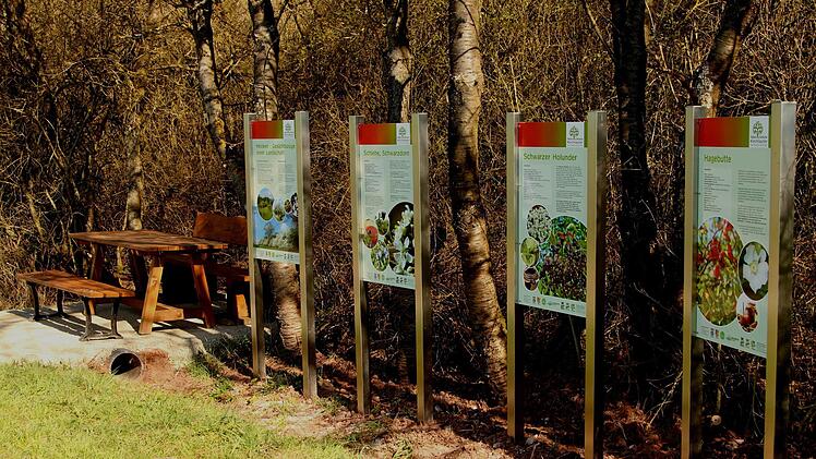 Zahlreiche Infotafeln säumen den Erlebnisweg. Hier geht es um Hecken.
